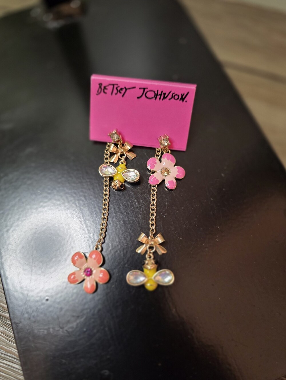 Betsey Johnson Pink Floral and Bee Drop Earrings